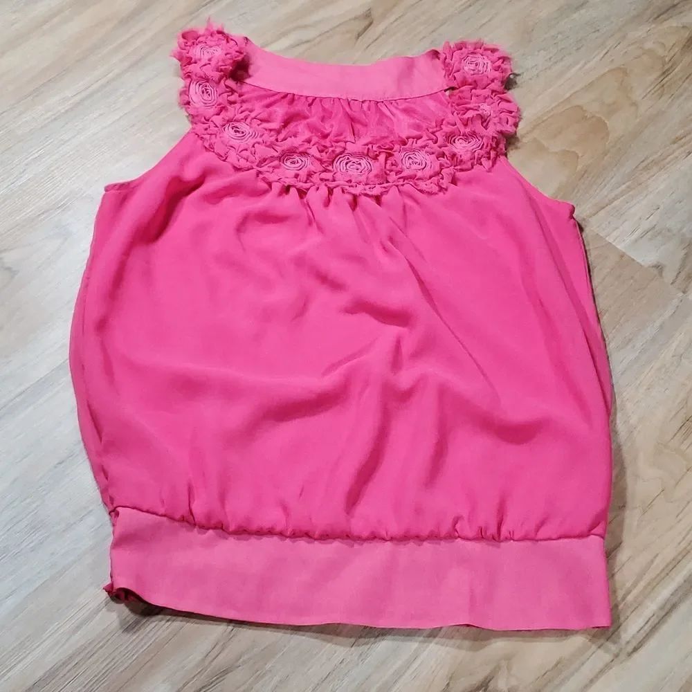 🔹️Anthropologie Adiva Hot Pink Rosette Lined Neck Flowy Sleeveless Top Large